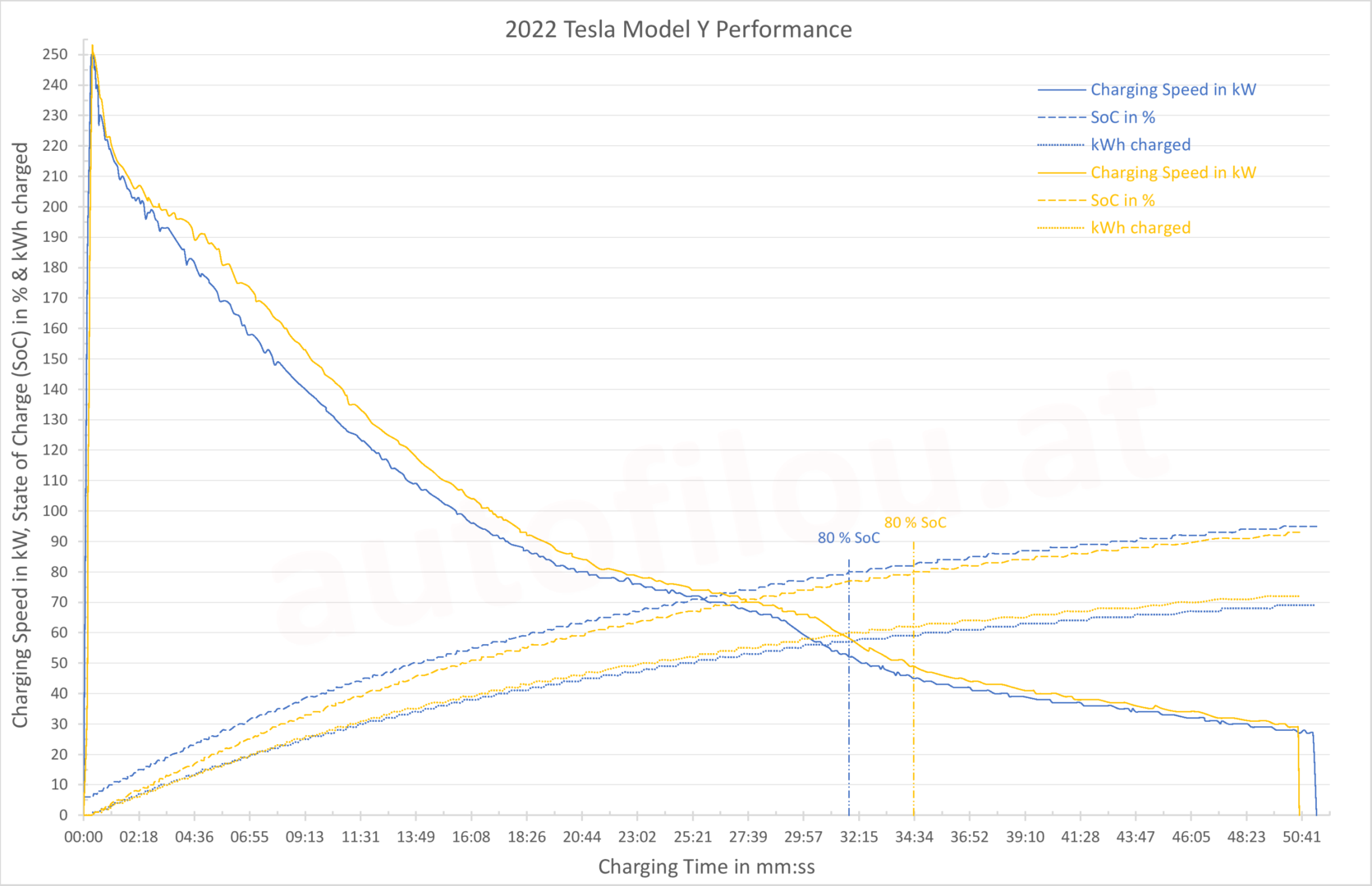 Model Y Performance Ladeleistung Charging Curve over Time